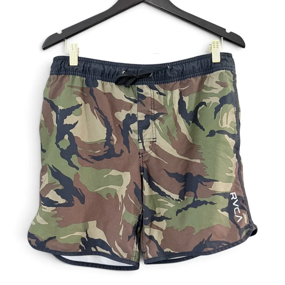 RVCA Mens Size S Board Shorts Camo Green Brown Swim Trunks Elastic Waist